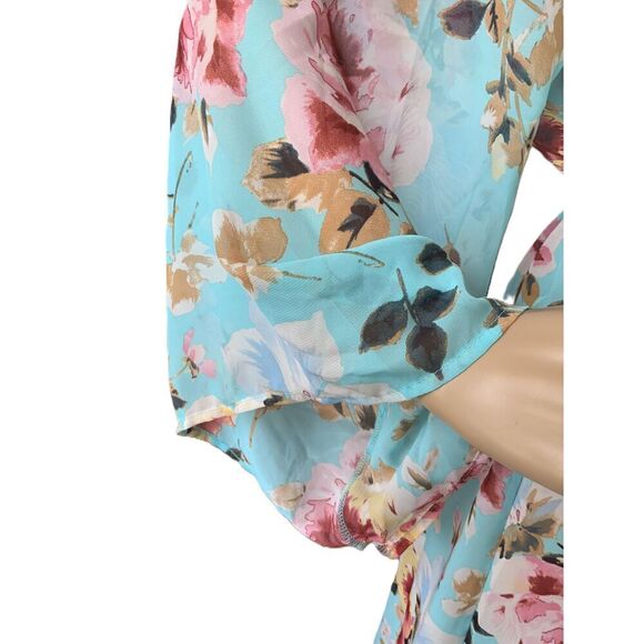 Privy Blue Floral Print V-Neck Long Sleeve Cinched Waist Maxi Dress Wrap Size M - Picture 7 of 16